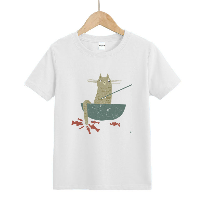 Silly Cat Fishing Kids T-Shirt