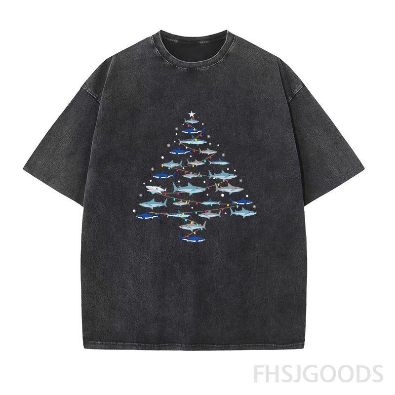 Christmas Shark Tree Unisex Distressed T-Shirt