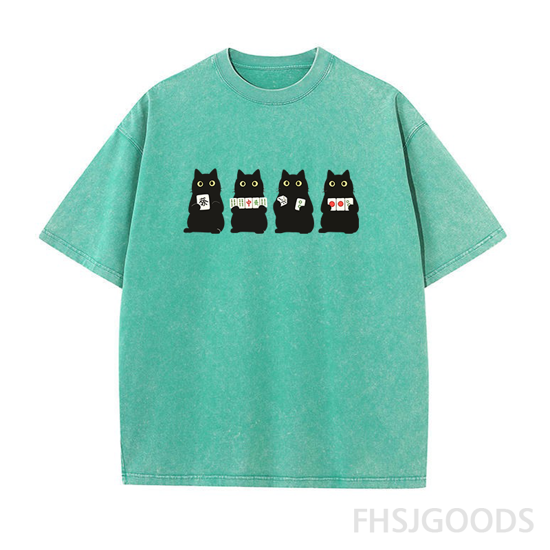 Cute Black Cat Mahjong Unisex Distressed T-Shirt