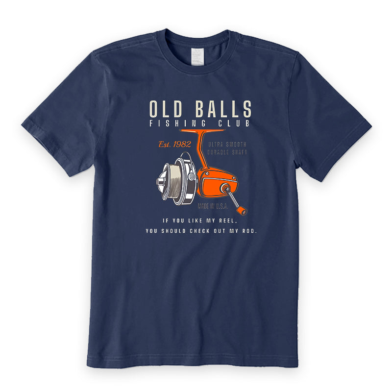 Navy blue t-shirt with fishing-themed graphic and text on a white background