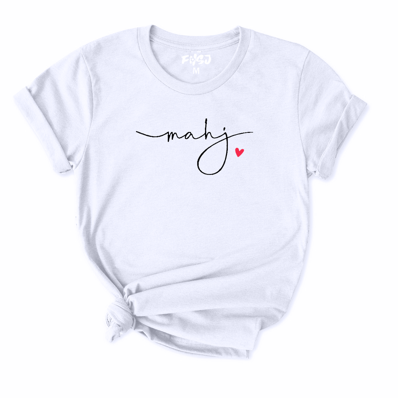 White t-shirt with 'mahj' text and heart symbol on a white background