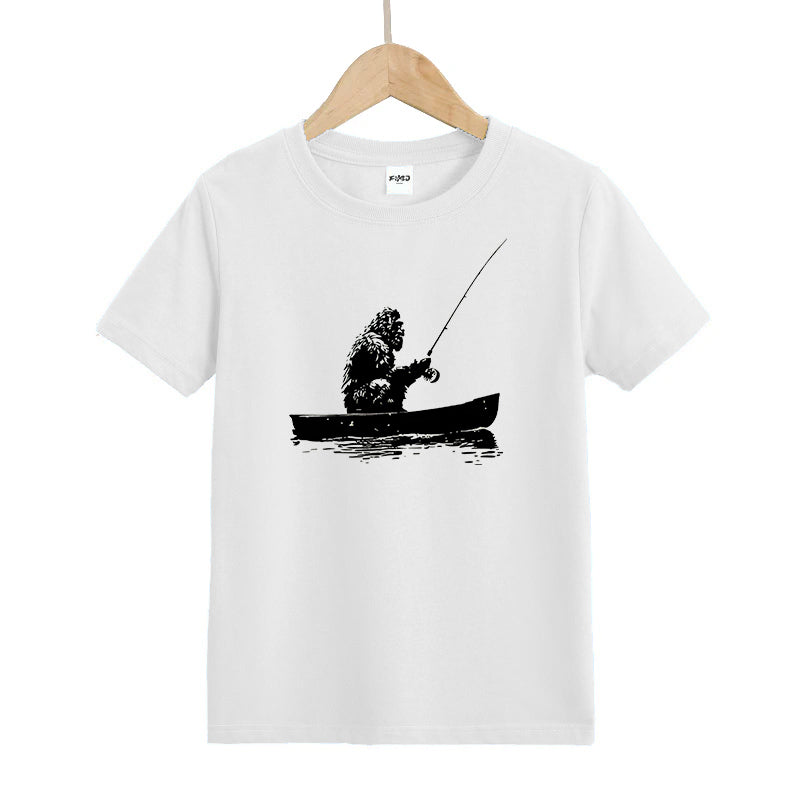 Bigfoot Fishing on Boat Kids T-Shirt