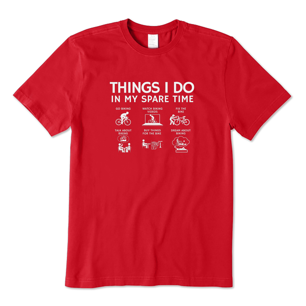 Red t-shirt with cycling things I do in my spare time graphics on a white background