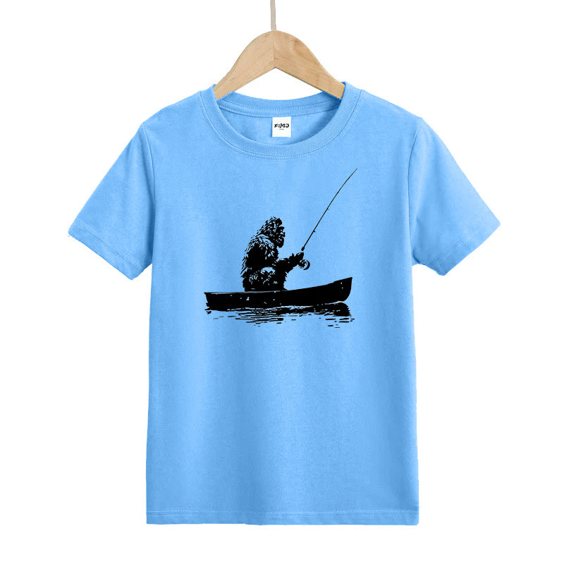 Bigfoot Fishing on Boat Kids T-Shirt