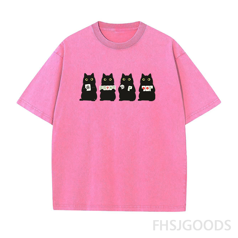 Cute Black Cat Mahjong Unisex Distressed T-Shirt