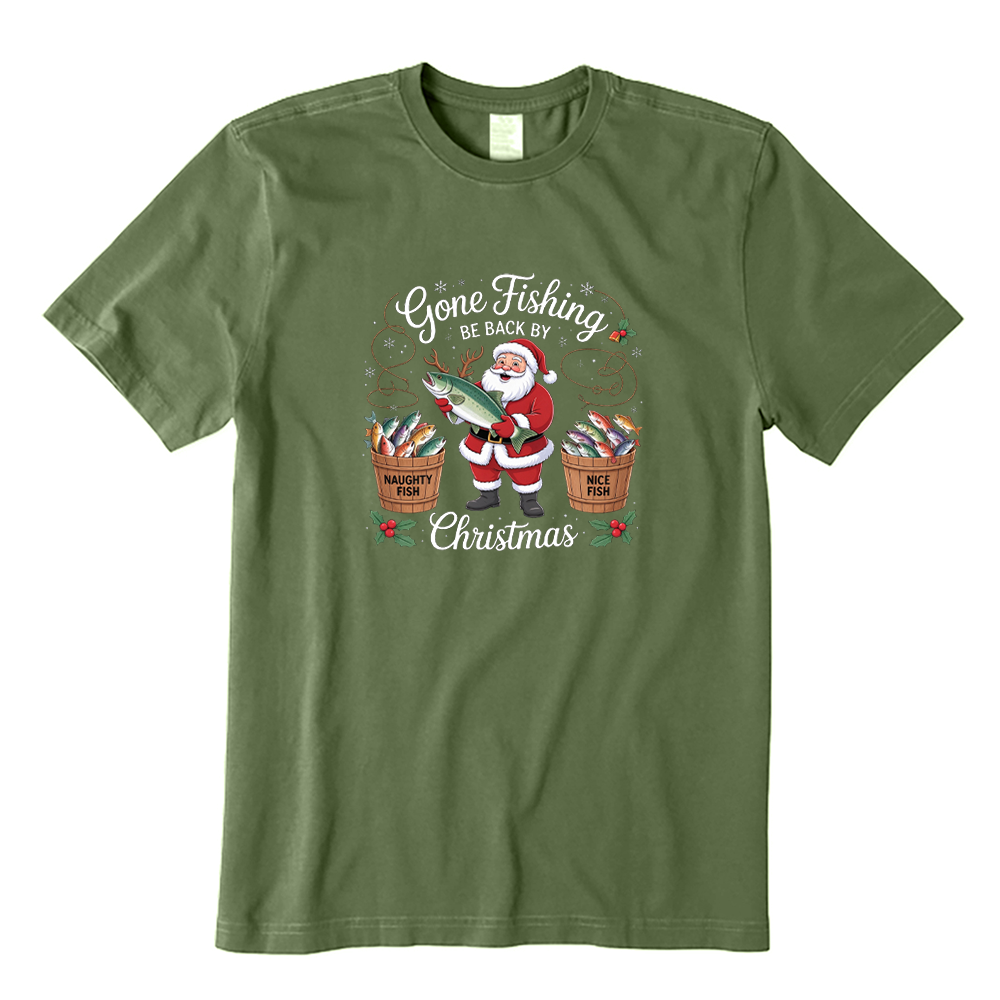 Gone Fishing Be Back By Christmas Santa Fisherman T-Shirt