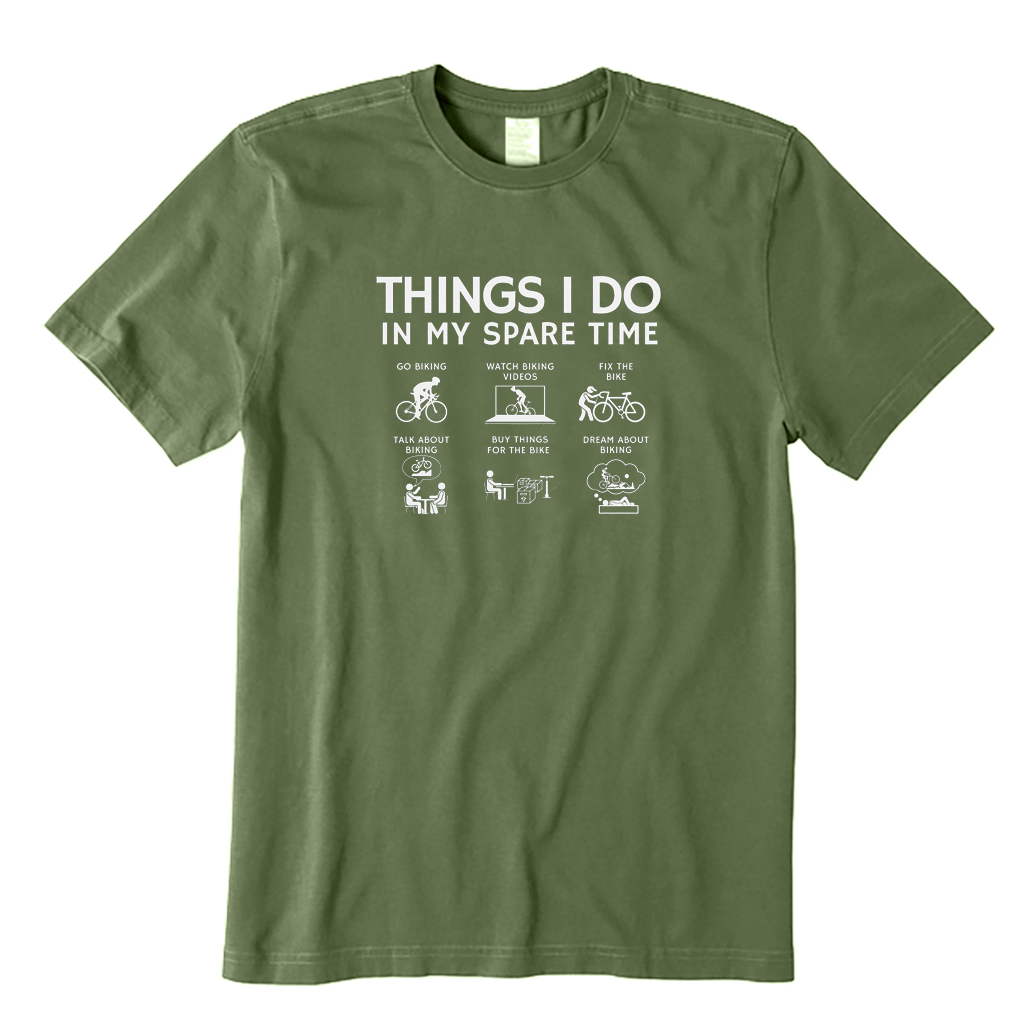 Army green t-shirt with cycling things I do in my spare time graphics on a white background