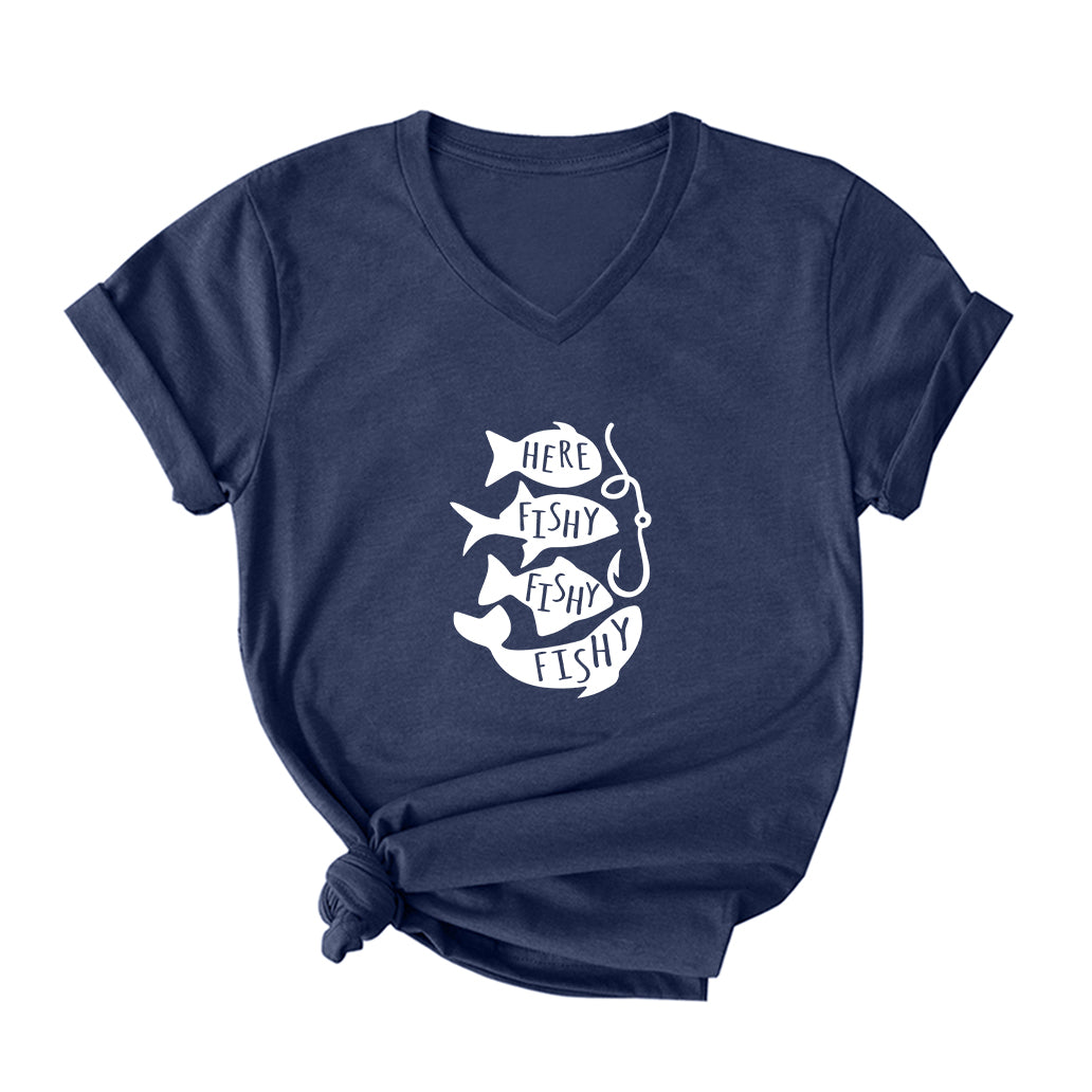 HERE FISHY FISHY FISHY V Neck T-Shirt for Women
