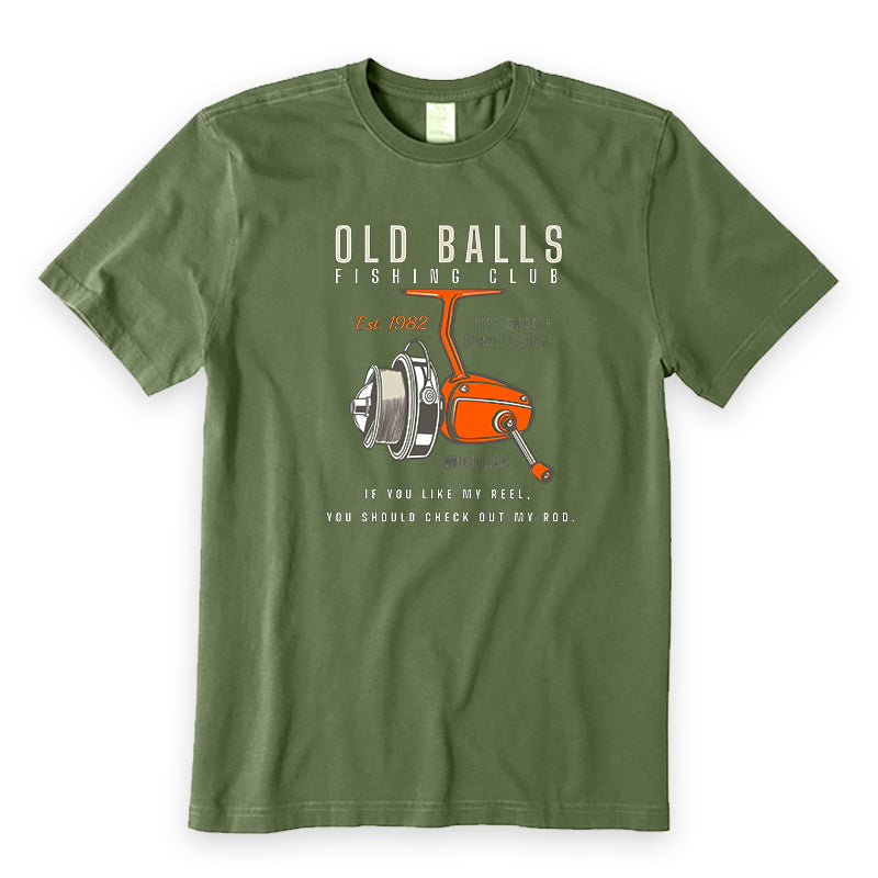 Green t-shirt with fishing club graphic and text on a white background