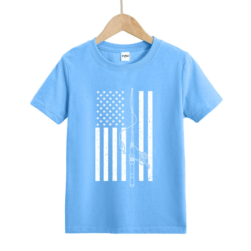 USA FLAG FISHING ROD Kids T-Shirt