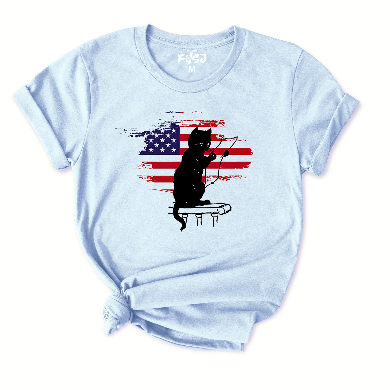 Black Cat With American T-Shirt for Women