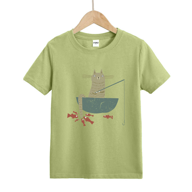 Silly Cat Fishing Kids T-Shirt
