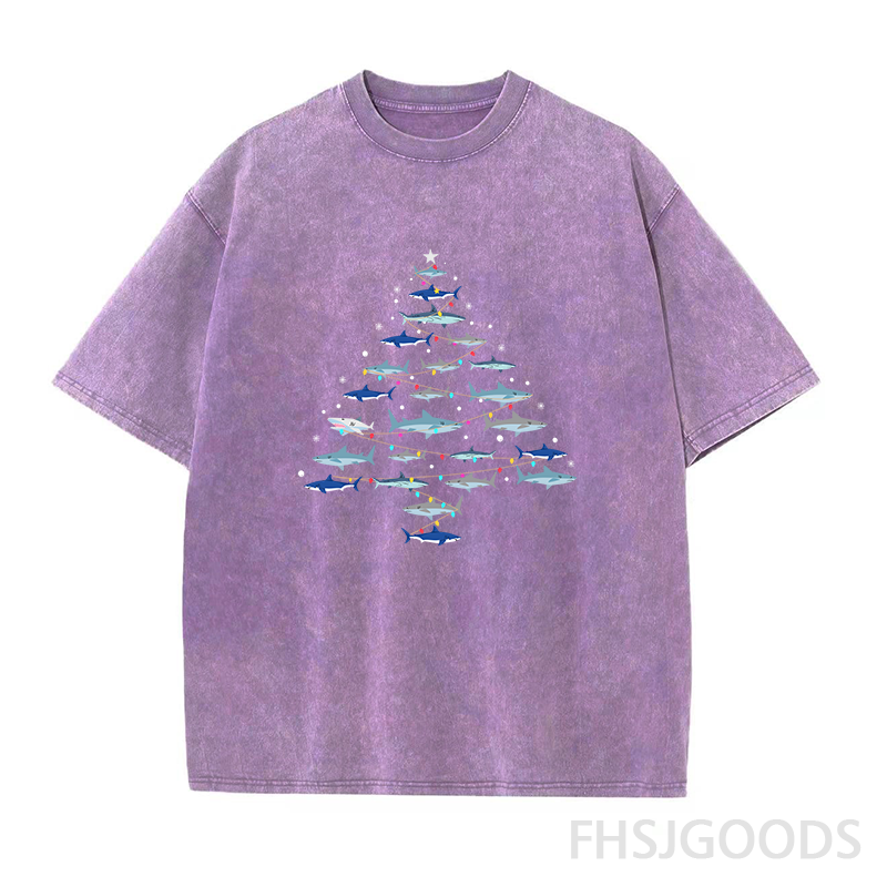 Christmas Shark Tree Unisex Distressed T-Shirt