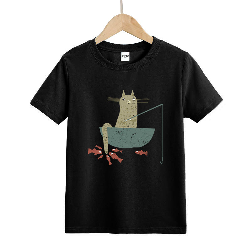 Silly Cat Fishing Kids T-Shirt