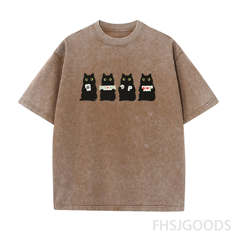 Cute Black Cat Mahjong Unisex Distressed T-Shirt