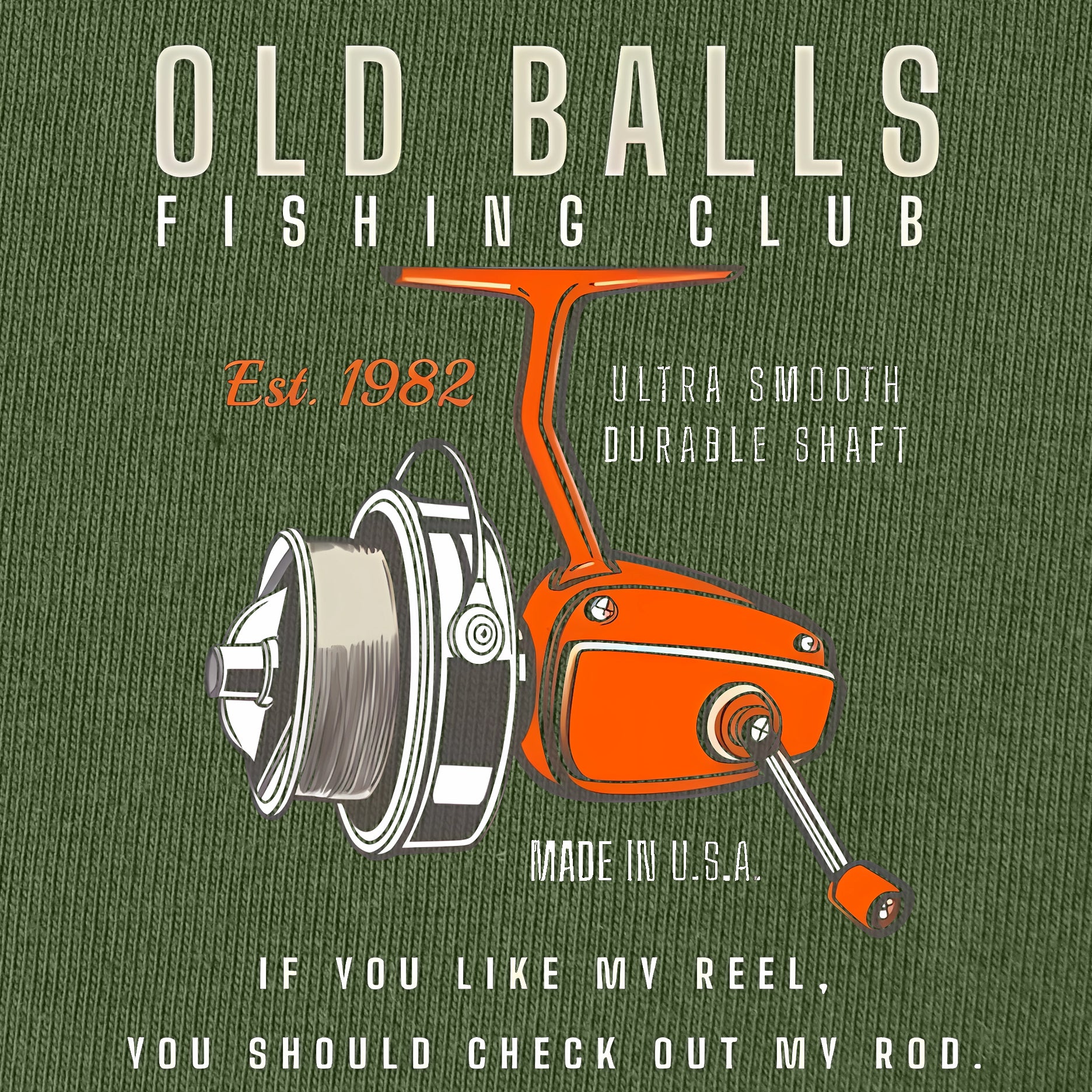 Fishing reel graphic with 'Old Balls Fishing Club' text on a green background