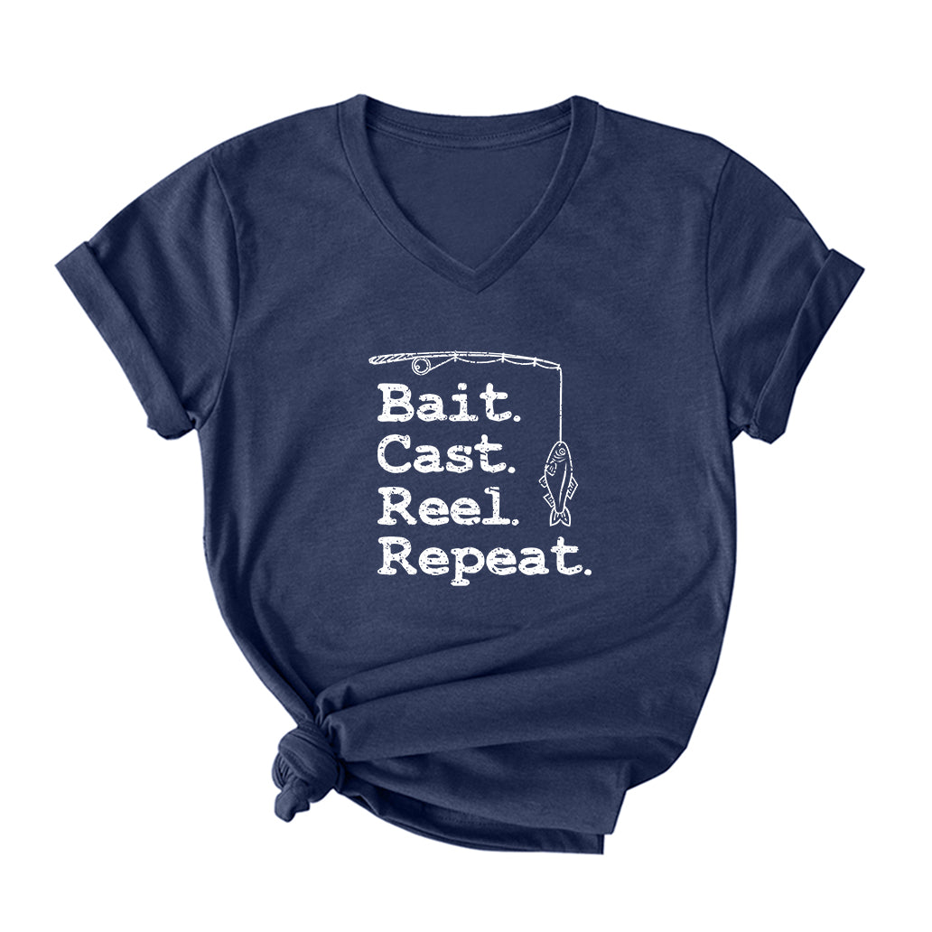 BAIT CAST REEL REPEAT FISHING V Neck T-Shirt for Women