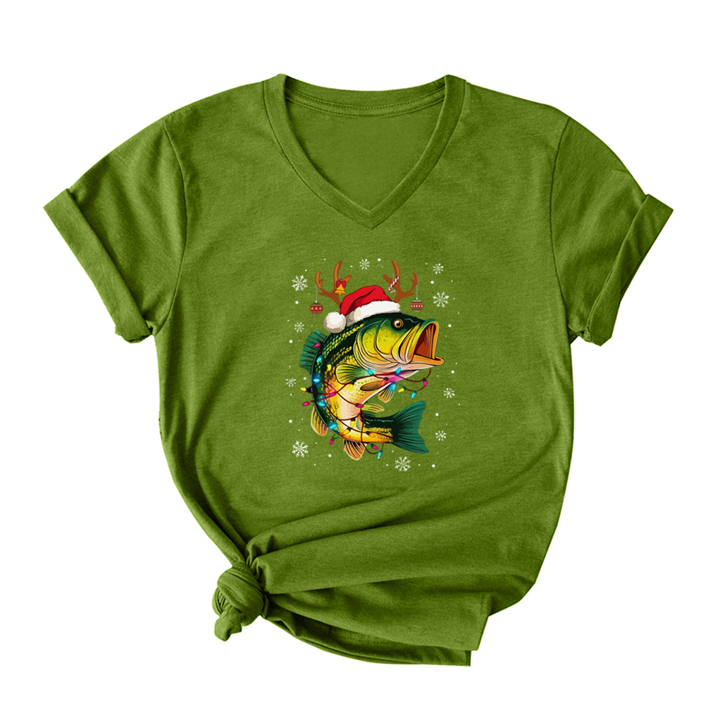 Merry Fishmas V Neck T-Shirt for Women
