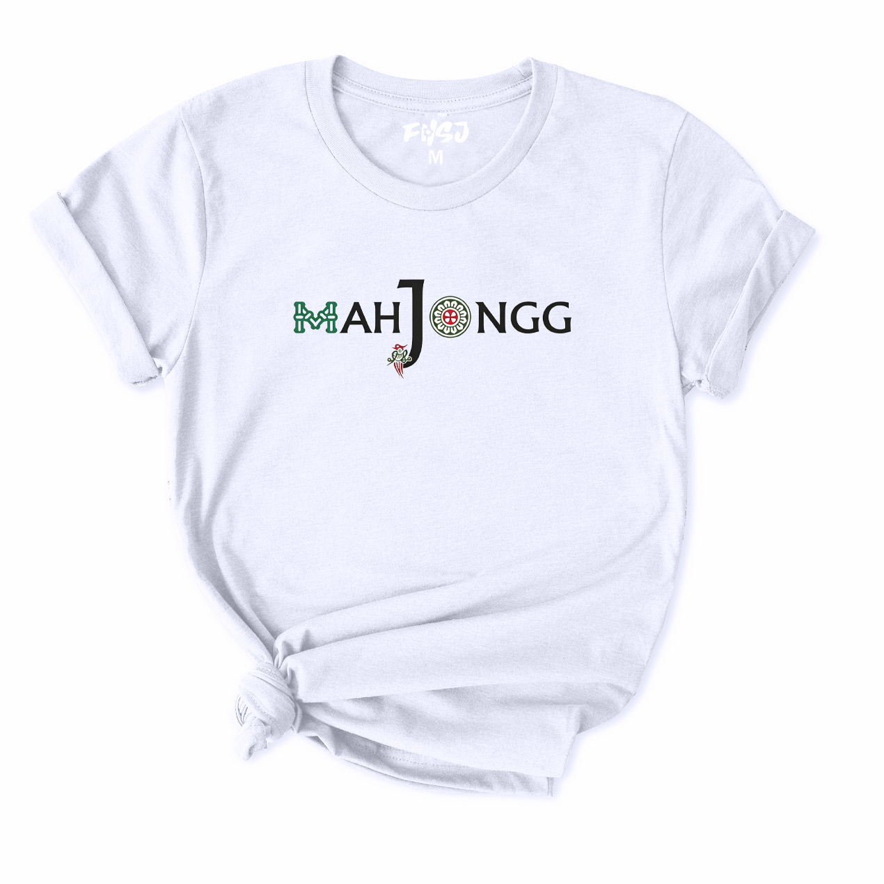 White t-shirt with 'MAH JONGG' text and design on a white background