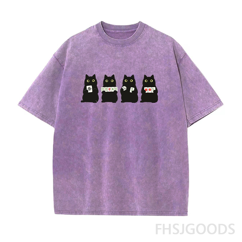 Cute Black Cat Mahjong Unisex Distressed T-Shirt