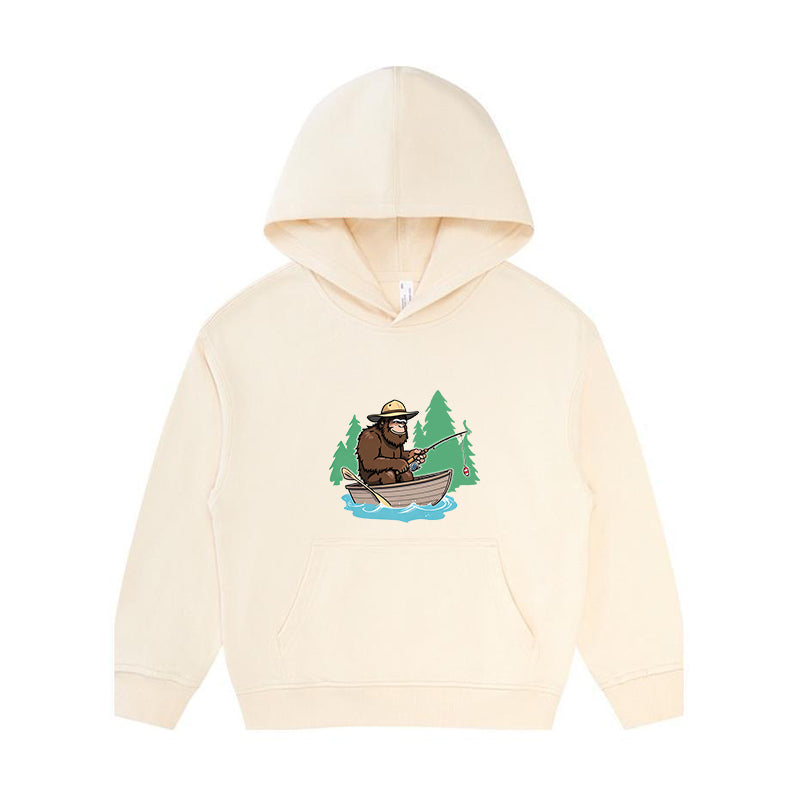 Bigfoot Fishing on The Boat Kid's Hoodie