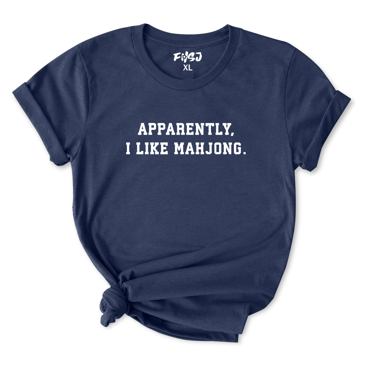 Navy blue t-shirt with pink graphic and text on a white background