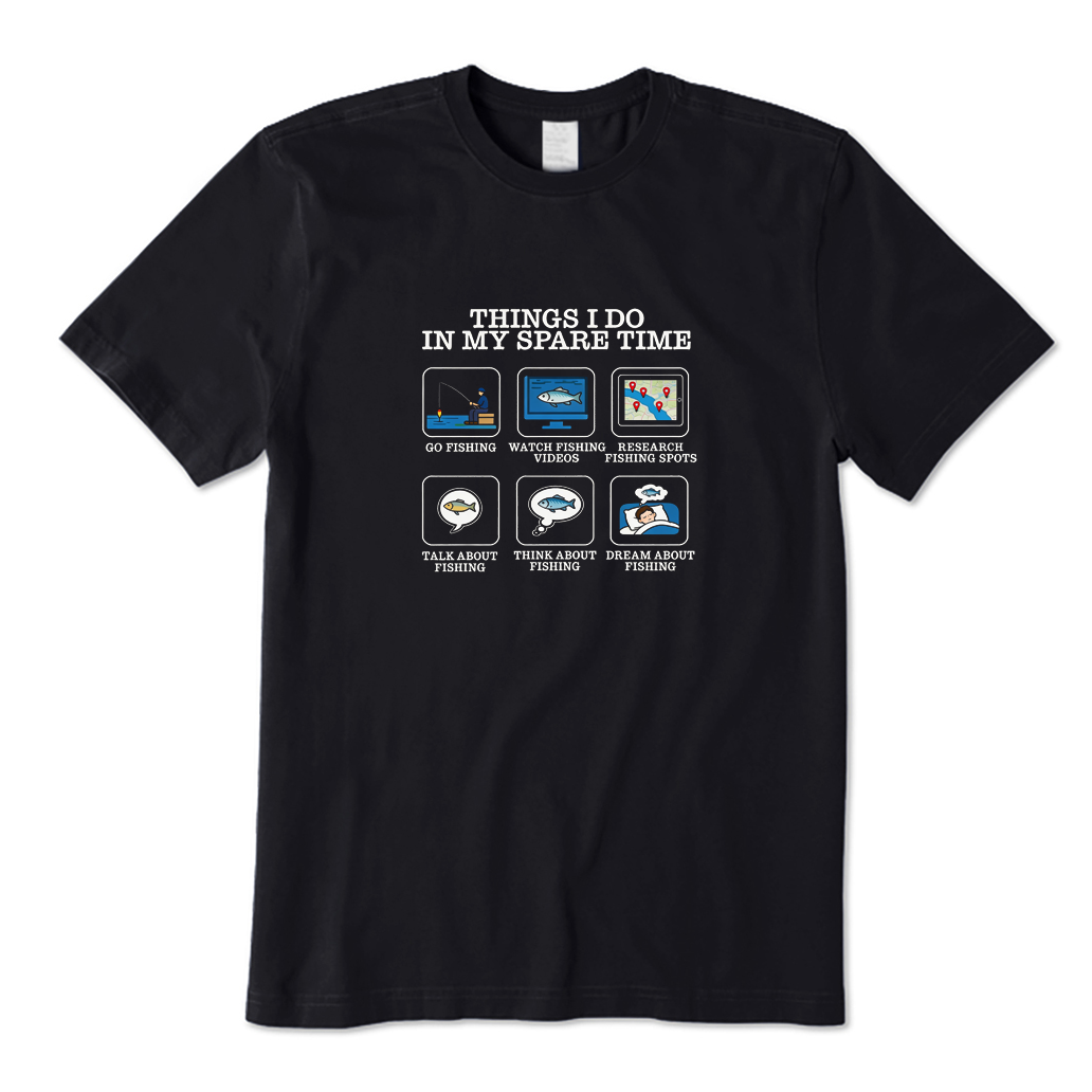 Black t-shirt with fishing-themed graphic and text on a white background