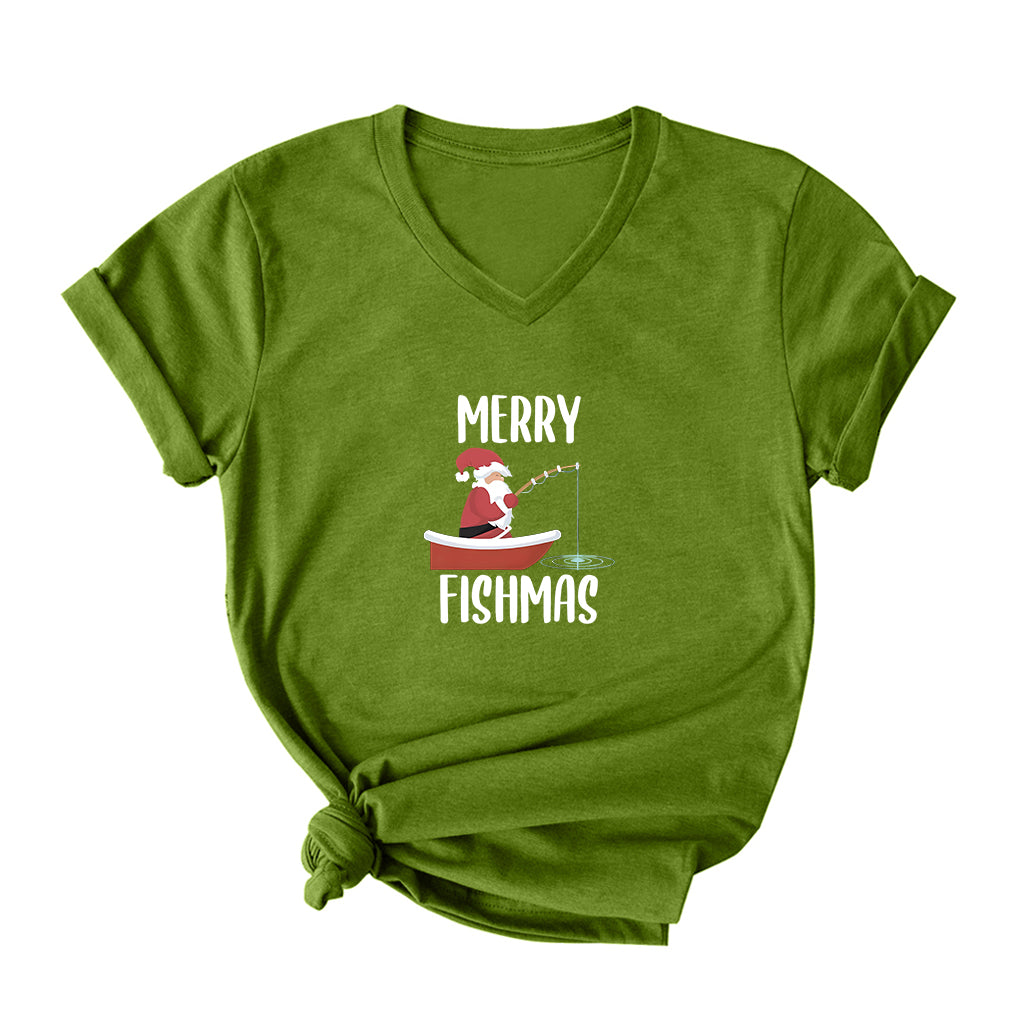 Merry Fishmas V Neck T-Shirt for Women