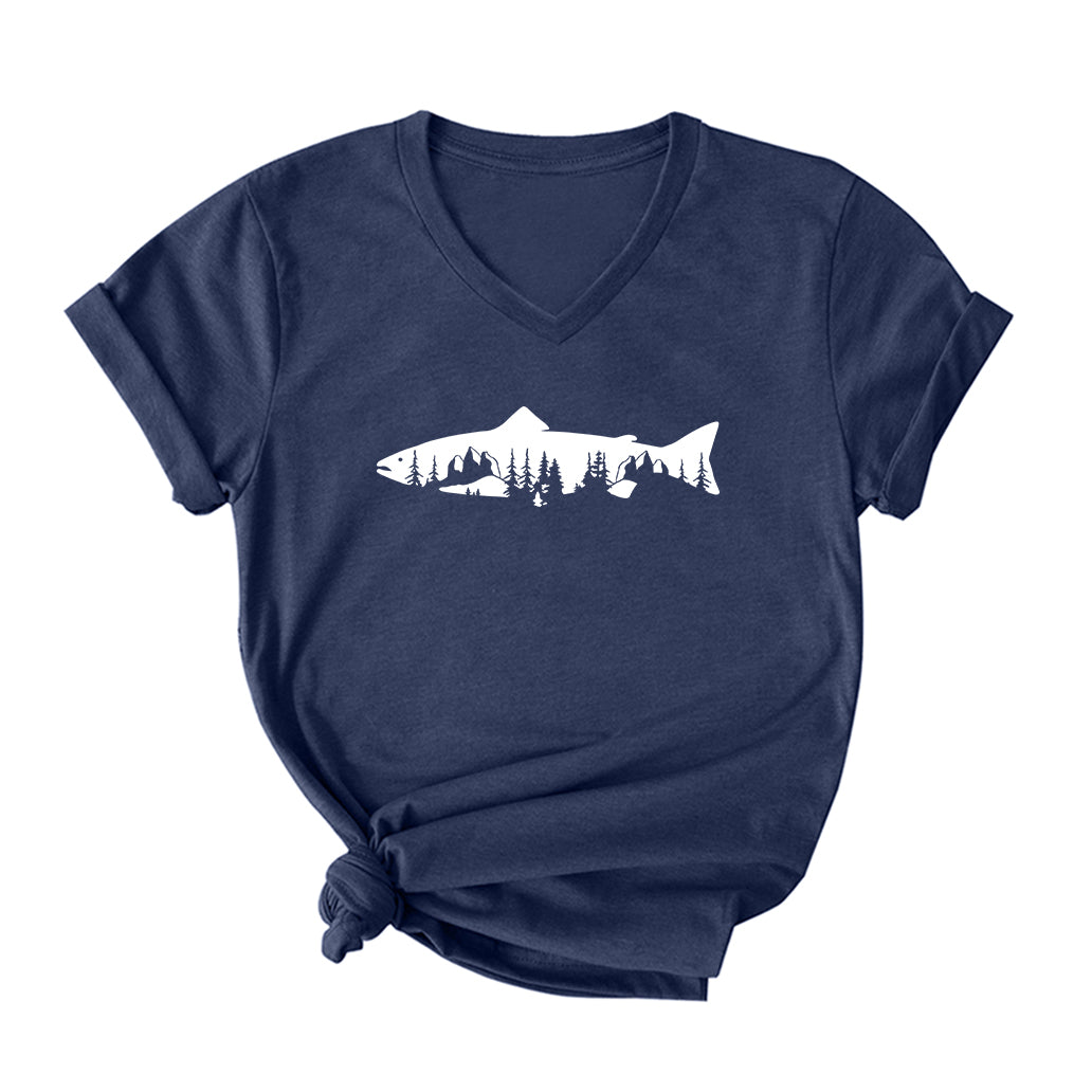 Trout Mountain Tree V Neck T-Shirt for Women