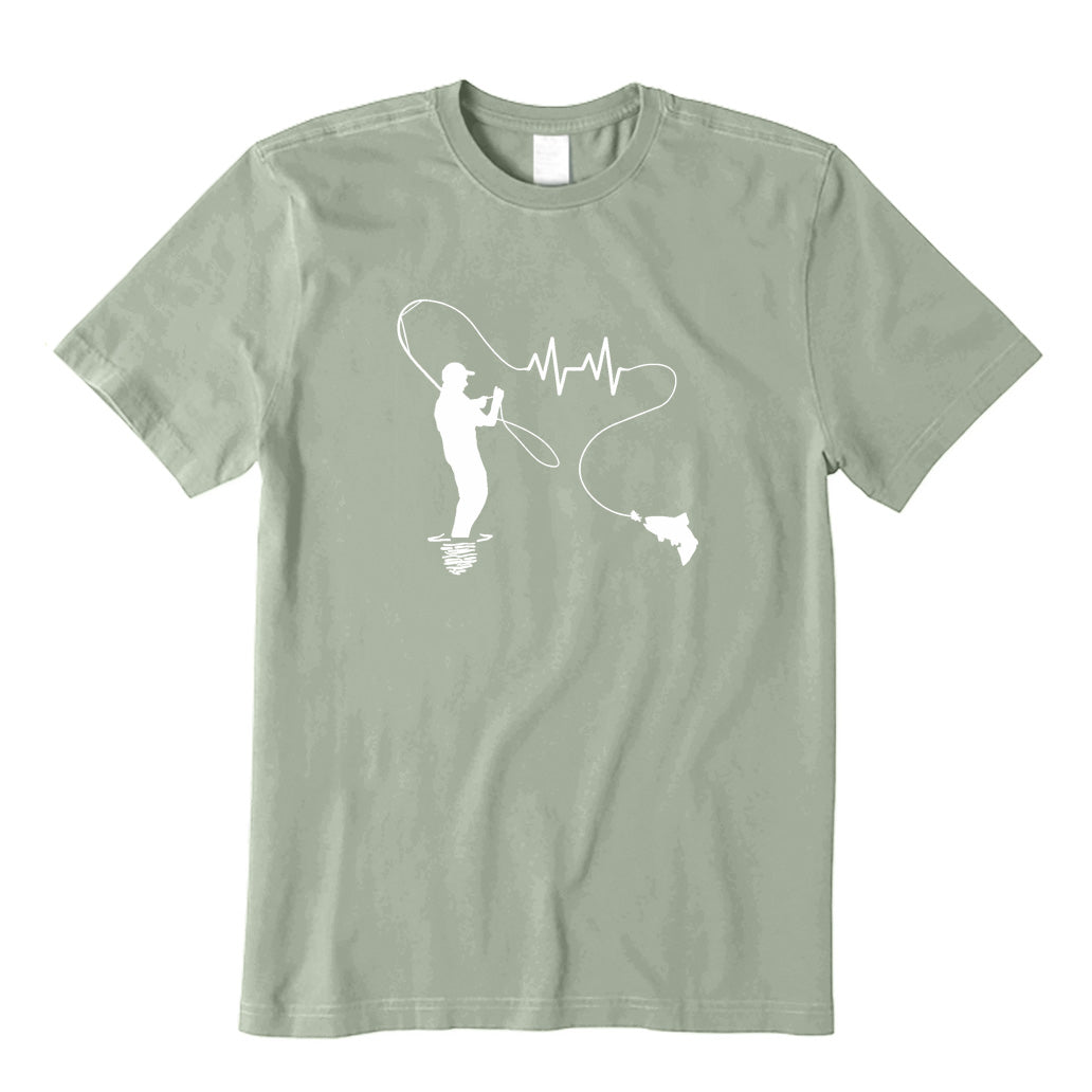 Fly Fishing Man Heartbeat in Fishing Line T-Shirt