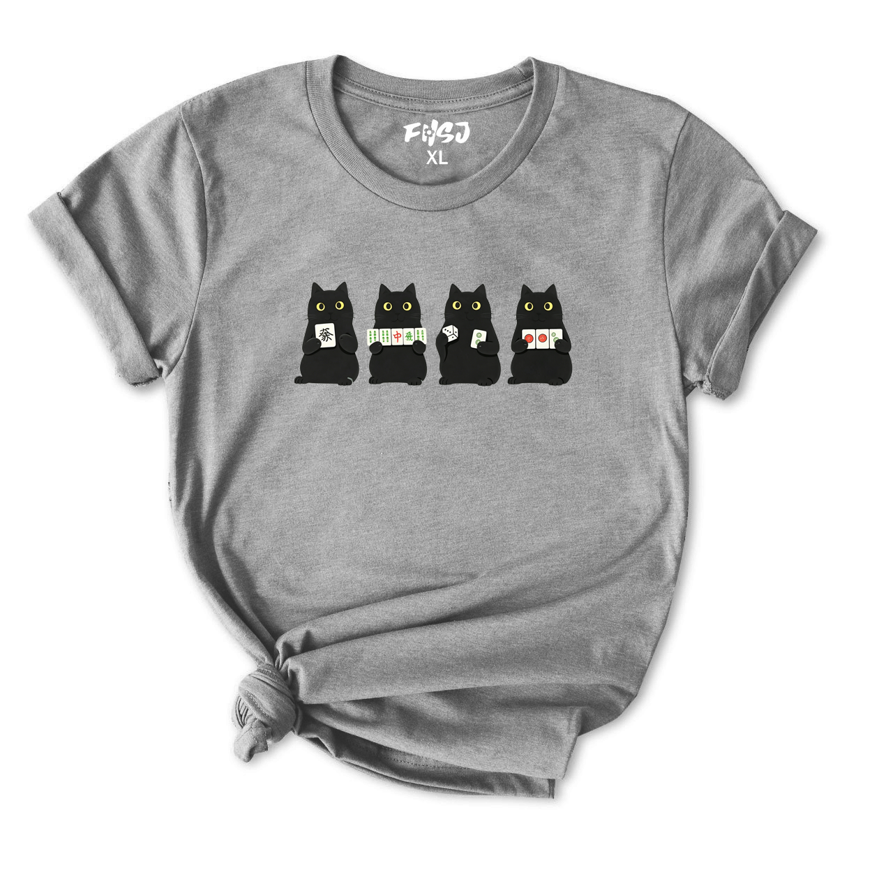 Cute Black Cat Mahjong T-Shirt for Women
