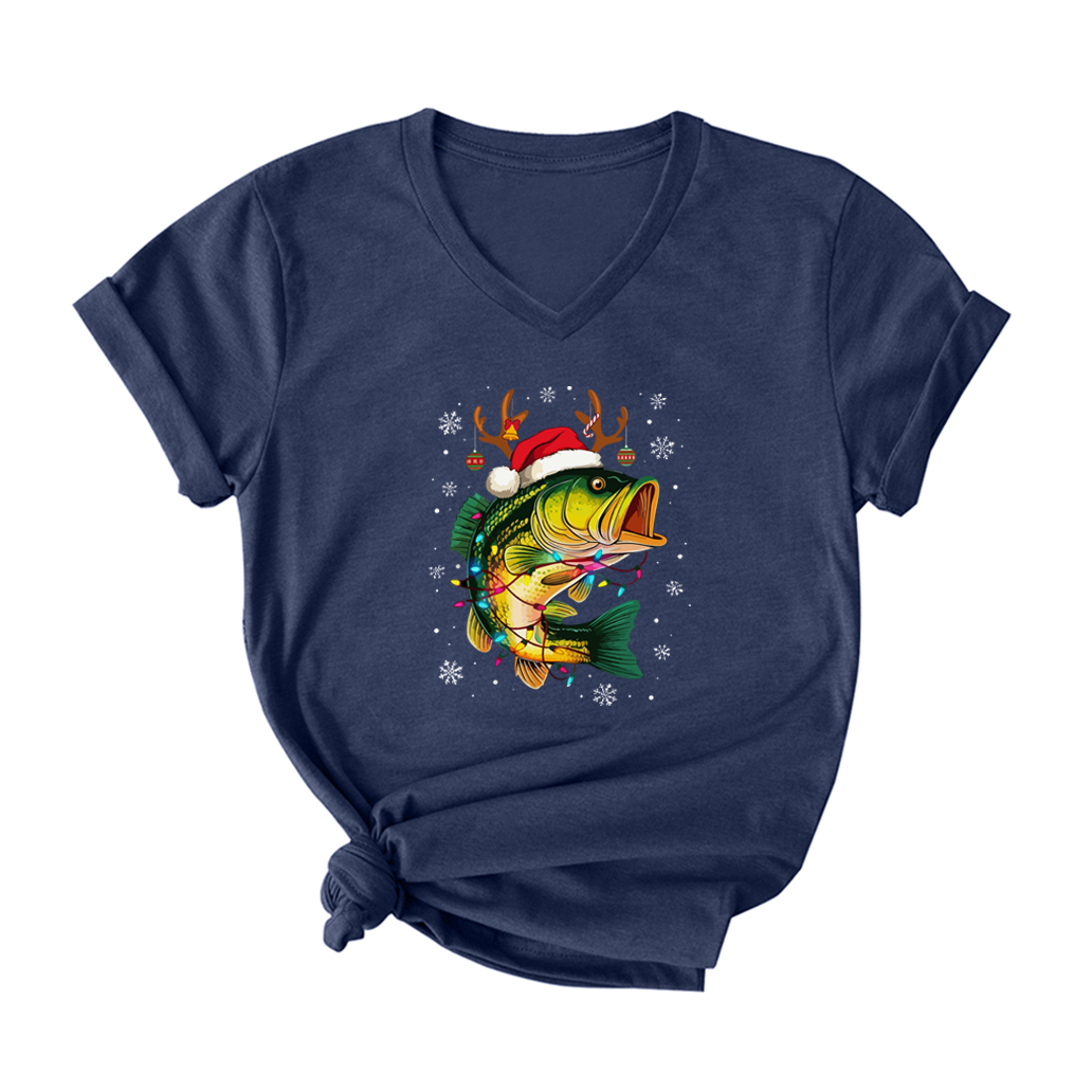 Merry Fishmas V Neck T-Shirt for Women