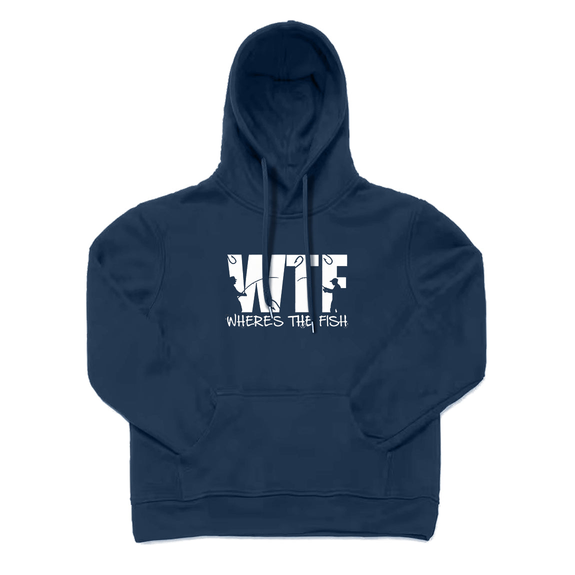 A navy blue hoodie with the text 'WTF WHERE'S THE FISH' printed in white on the front.