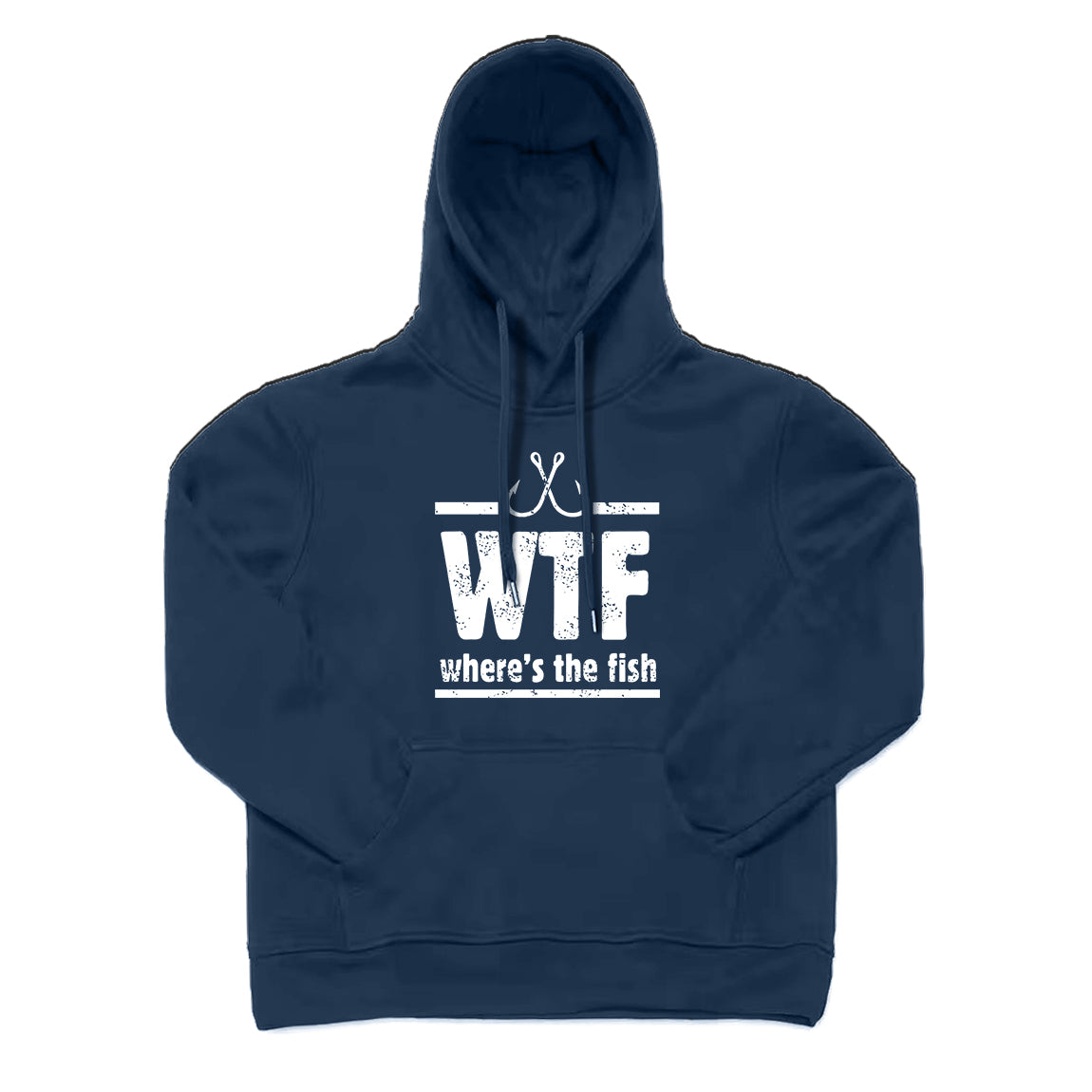 Navy blue hoodie with text 'WTF where's the fish' printed on the front.