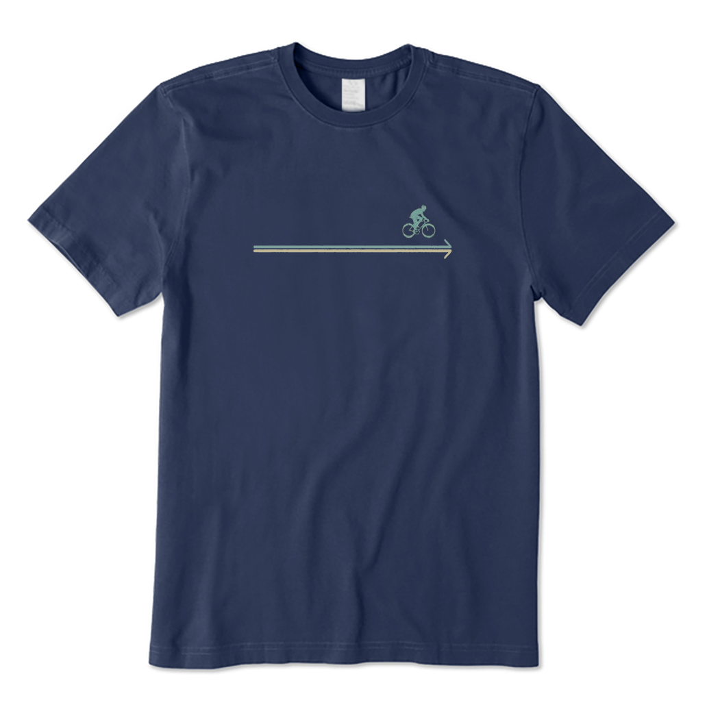 Navy blue t-shirt with a cycling graphic design on a white background