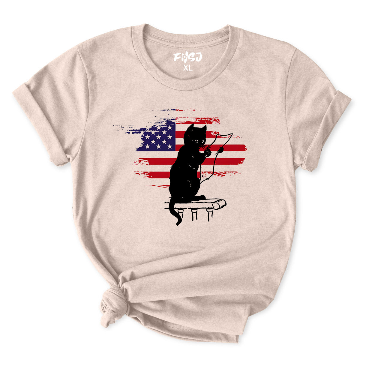 Black Cat With American T-Shirt for Women
