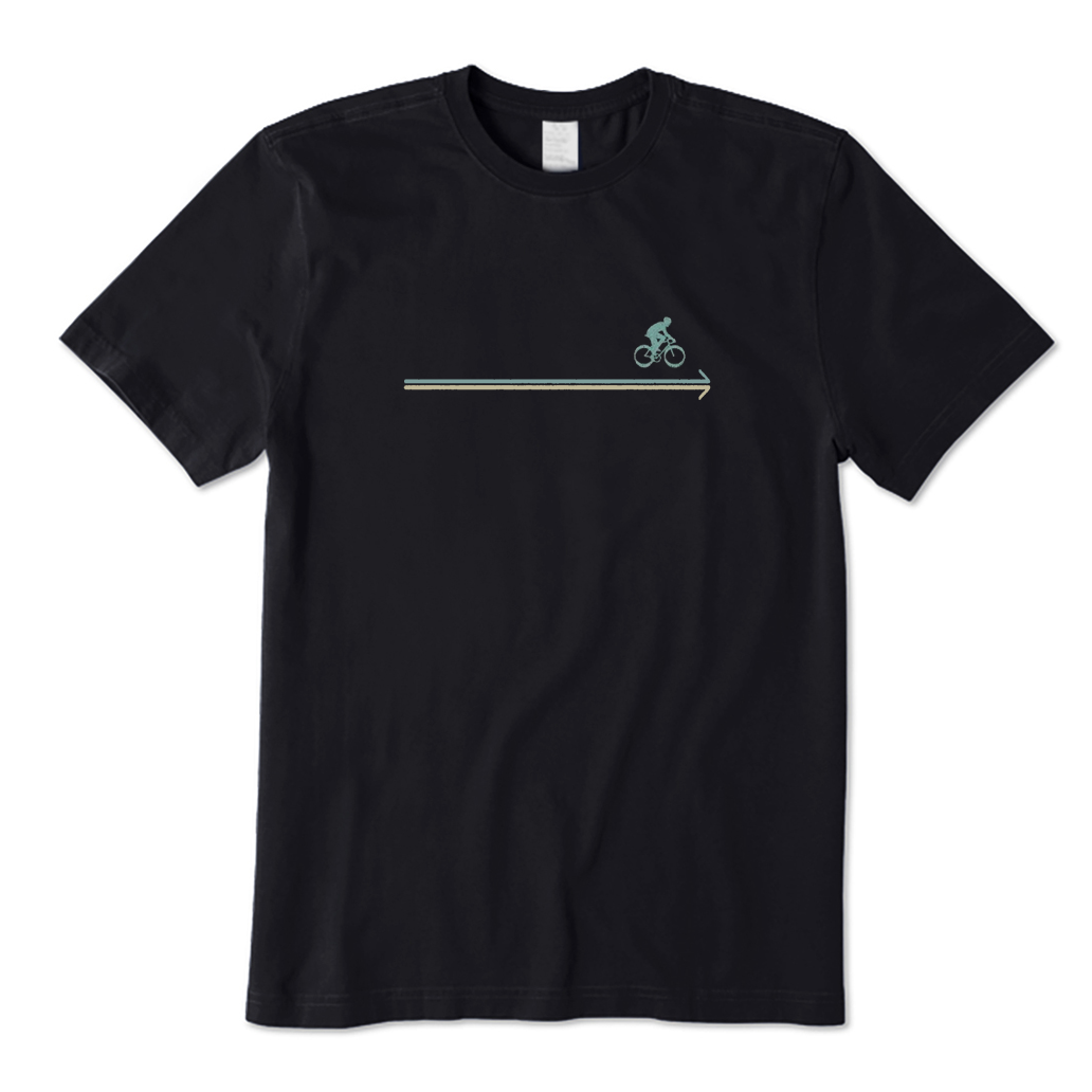 Black t-shirt with a cycling graphic design on a white background