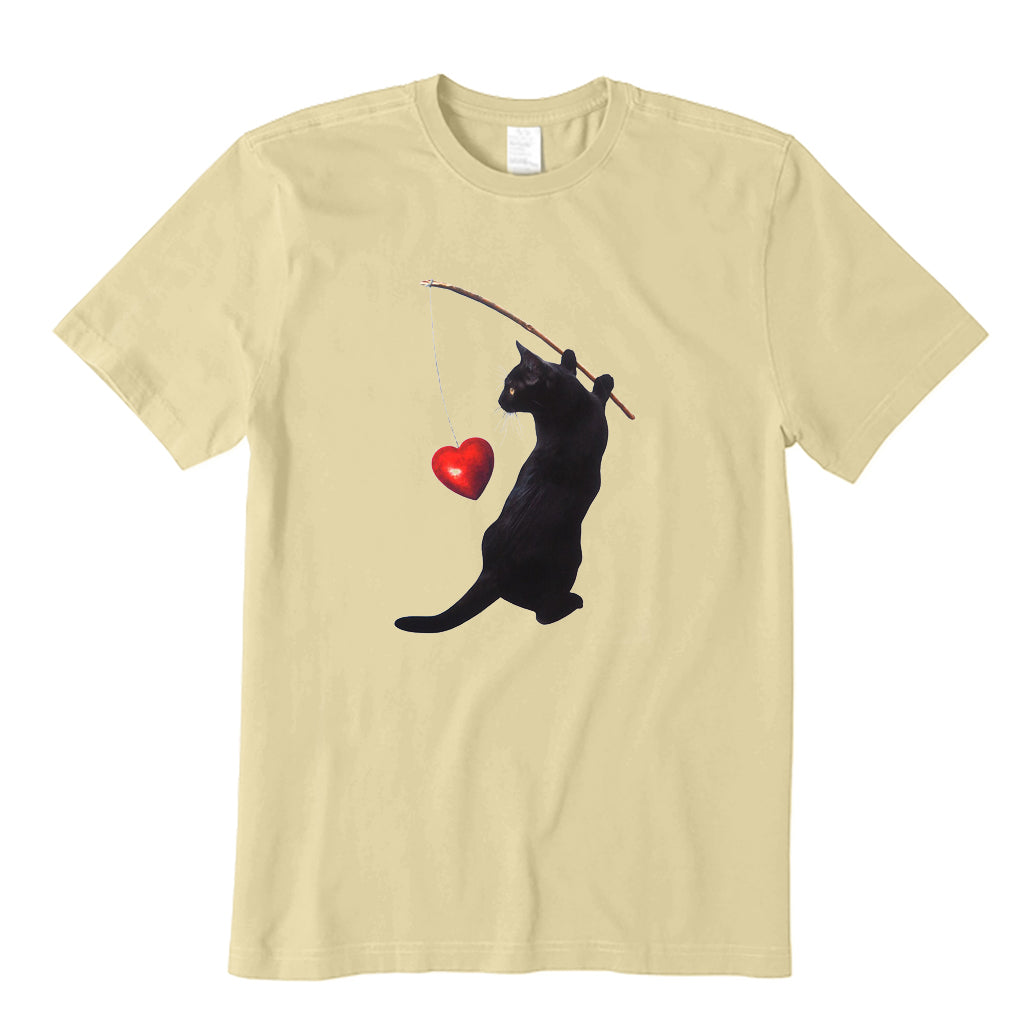 Black Cat Fishing Heart T-Shirt