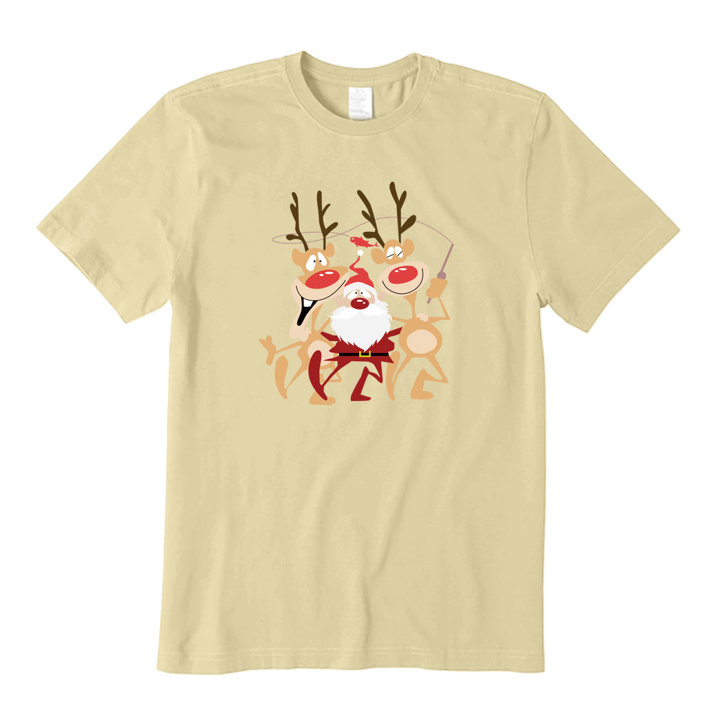 Santa Claus and Elk Happy Fishing T-Shirt