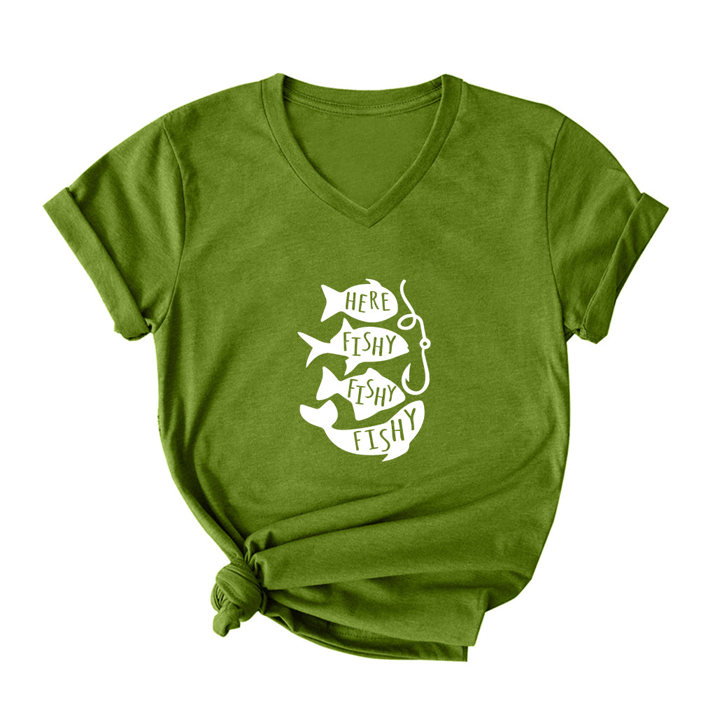 HERE FISHY FISHY FISHY V Neck T-Shirt for Women