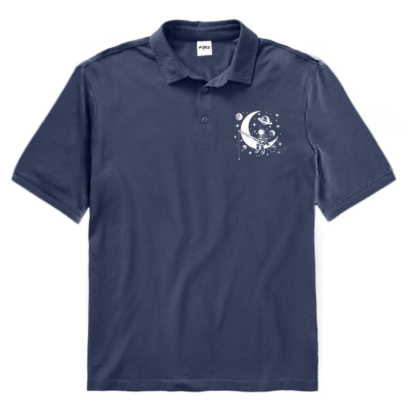 Astronaut Sitting on The Moon Fishing Polo Shirt
