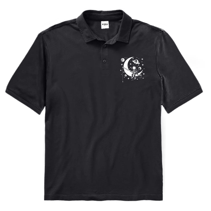 Astronaut Sitting on The Moon Fishing Polo Shirt