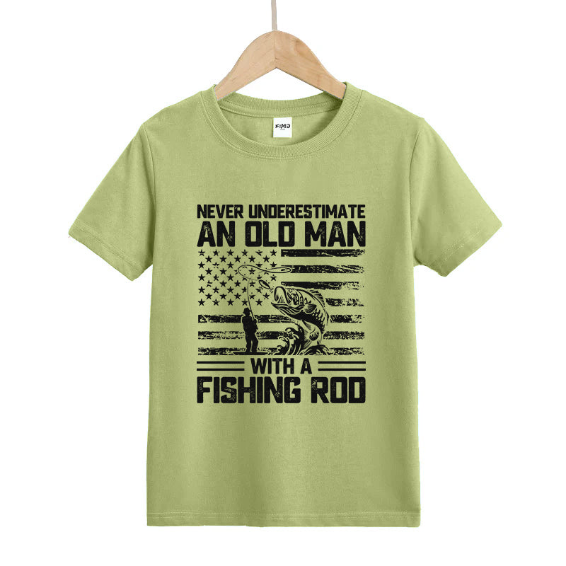 Never Underestimate An Old Man with A Fishing Rod Kids T-Shirt
