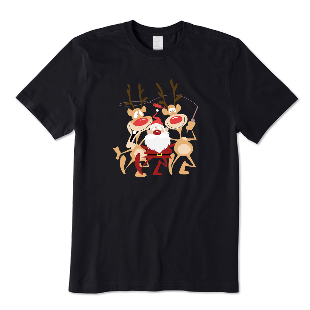 Santa Claus and Elk Happy Fishing T-Shirt
