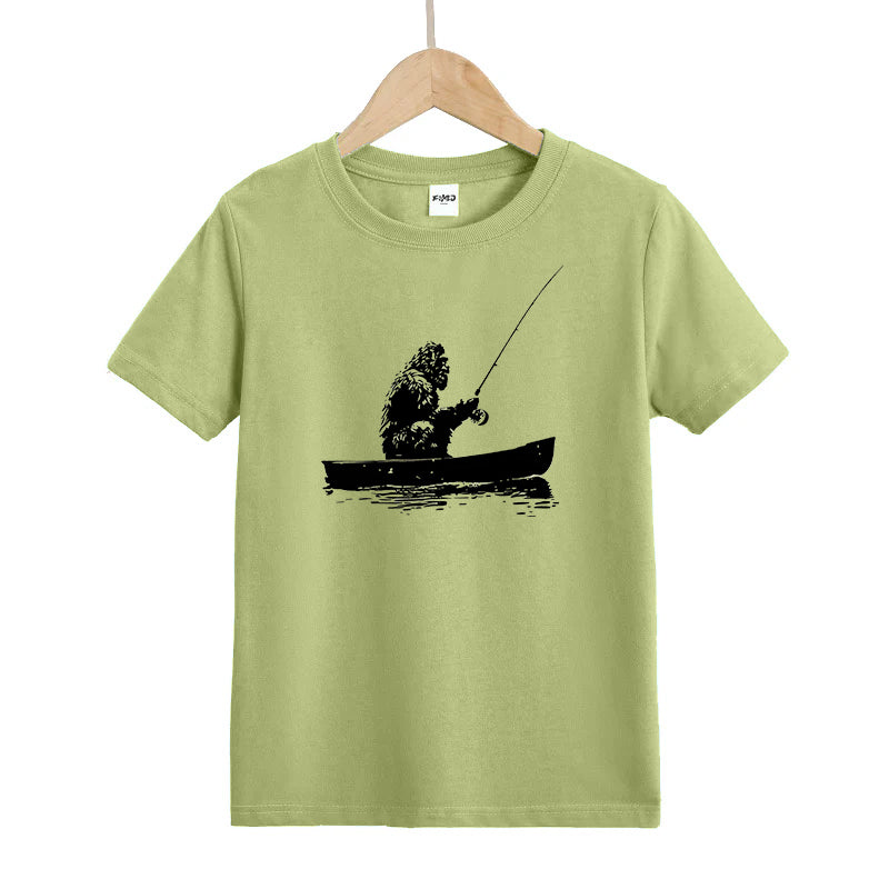 Bigfoot Fishing on Boat Kids T-Shirt