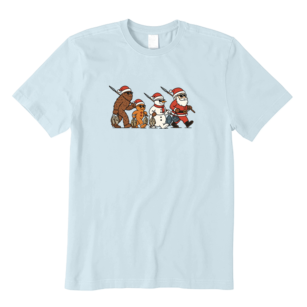 Santa Bigfoot Snowman Gingerbread Man Fishing Christmas T-Shirt