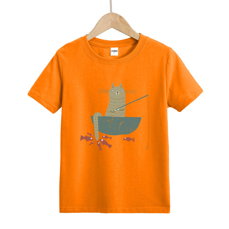 Silly Cat Fishing Kids T-Shirt