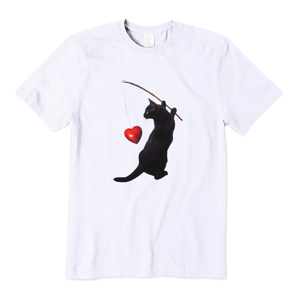 Black Cat Fishing Heart T-Shirt