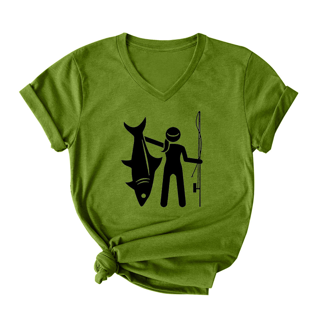 Girl Fishing V Neck T-Shirt for Women