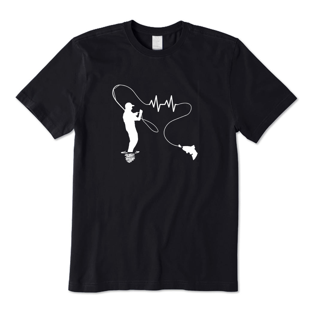 Fly Fishing Man Heartbeat in Fishing Line T-Shirt